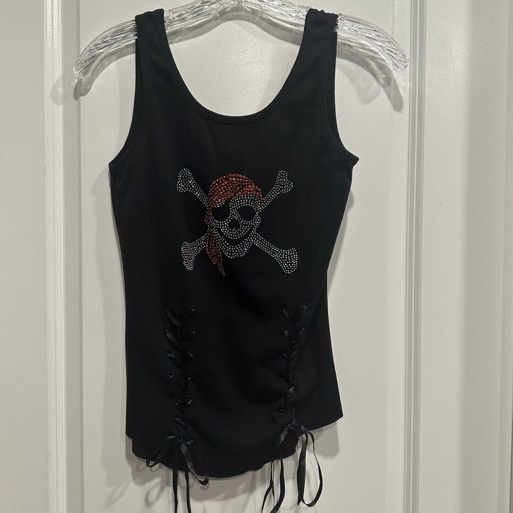 BIKER DESIGN LADIES COLLECTION Large Skull Pirate Grunge Black Tank Top Pin Up